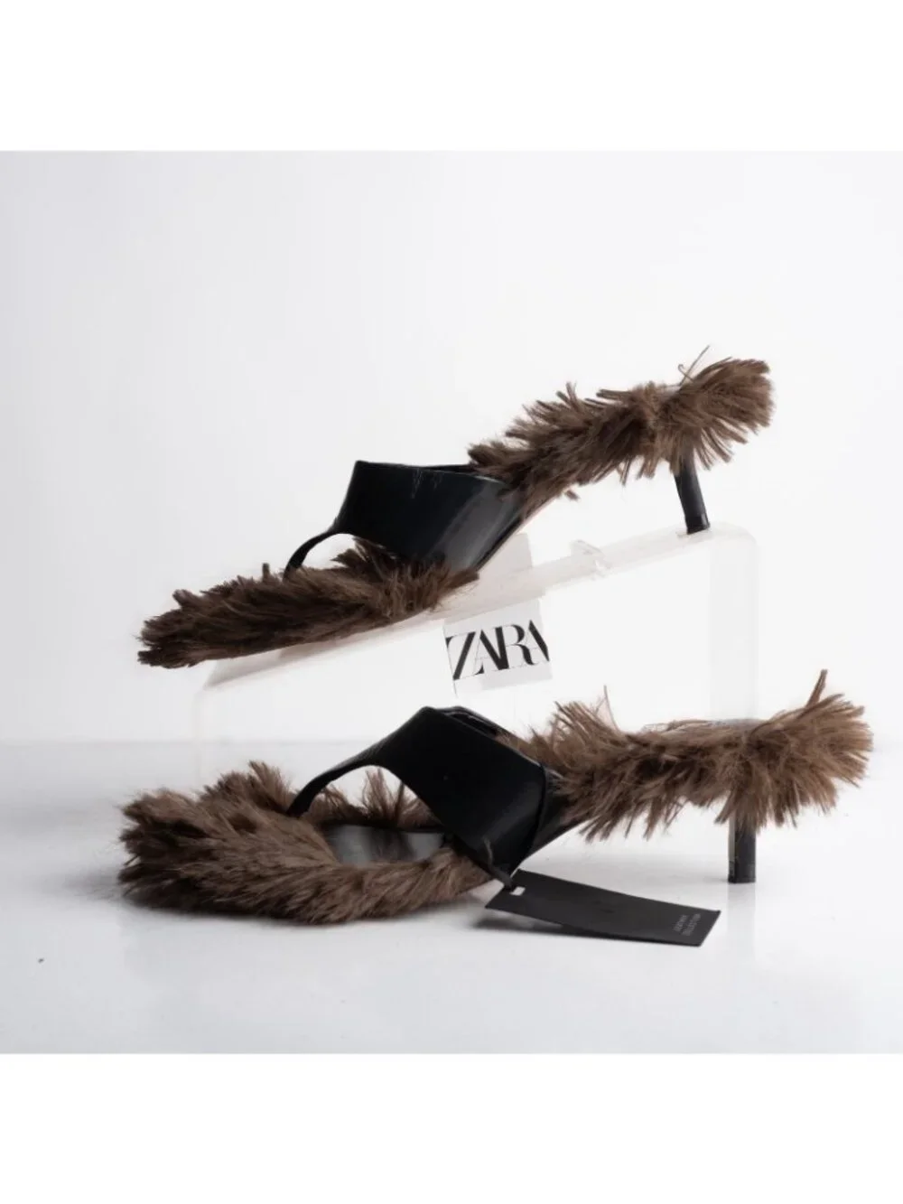 Zara Womens Leather Faux Fur sandals Thong Mule Heels Brown US 6.5 EU 37 NWD - Picture 5 of 8
